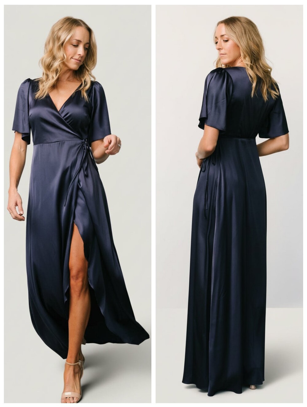 Baltic Born Vara Navy Blue Satin Maxi Wrap Dress